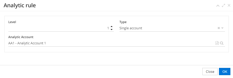 1.1. On the Accounting Report form, click on +New to add a new analytical rule.
Once you've clicked on +New, the Analytic rule configuration tab will appear.
Enter the level, type and then the analytic account, if required.